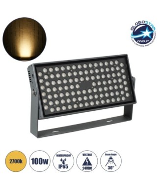 GLOBOSTAR® FLOODZANA 90558 Προβολέας Σποτ Wall Washer LED 100W 9000lm 30° DC 24V Αδιάβροχο IP65 Θερμό Λευκό 2700K Dimmable - Bridgelux SMD Chip - Γκρι Ανθρακί - Μ45.5 x Π28 x Υ10cm - 3 Χρόνια Εγγύηση